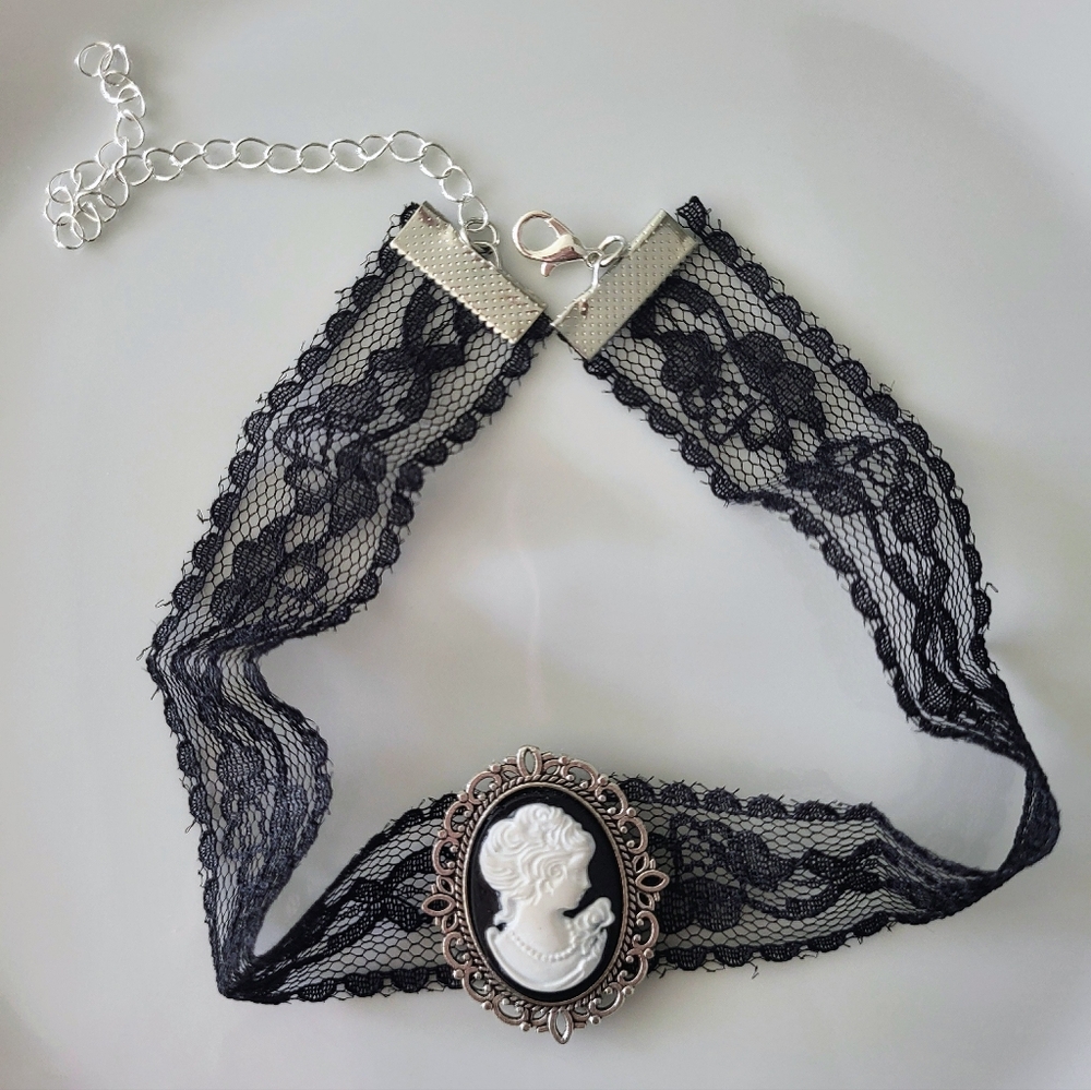 Black Lace Cameo Choker Necklace – Victorian Gothic Style, Silver-Tone Filigree